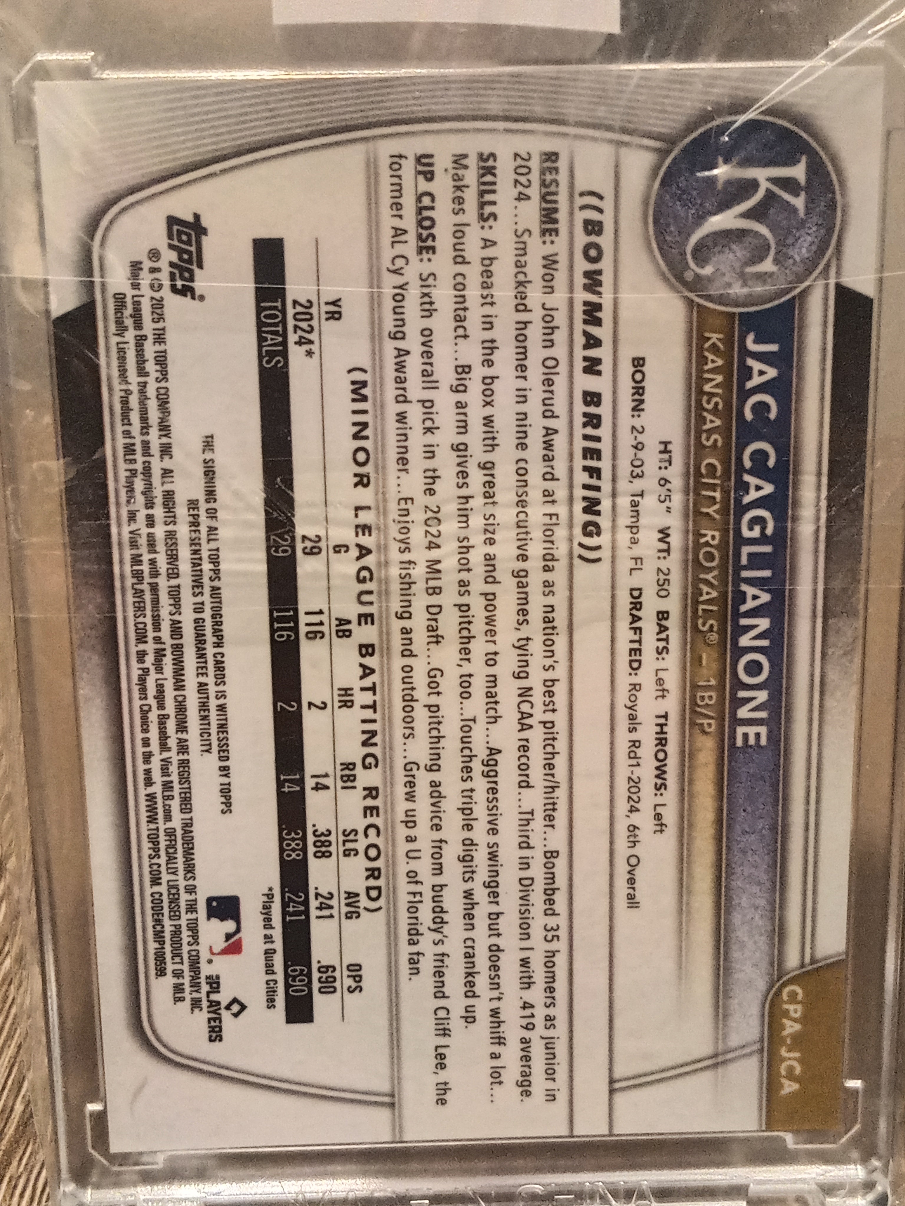 Jac Caglianone • 2025 Bowman Chrome • On Card Base Autograph