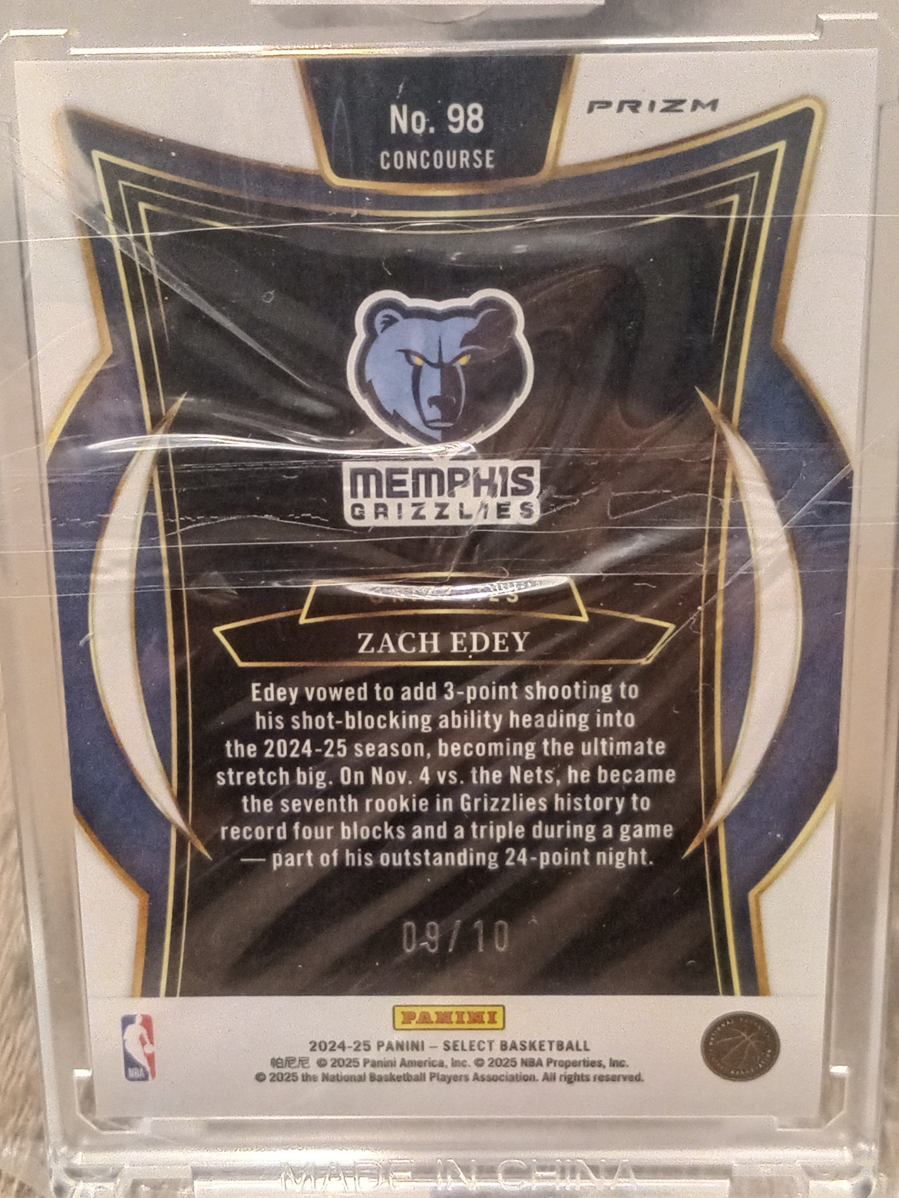 Zach Edey (RC) • Gold Ice Prizm Concourse Serial#09/10 • 2024-25 Panini Select Basketball